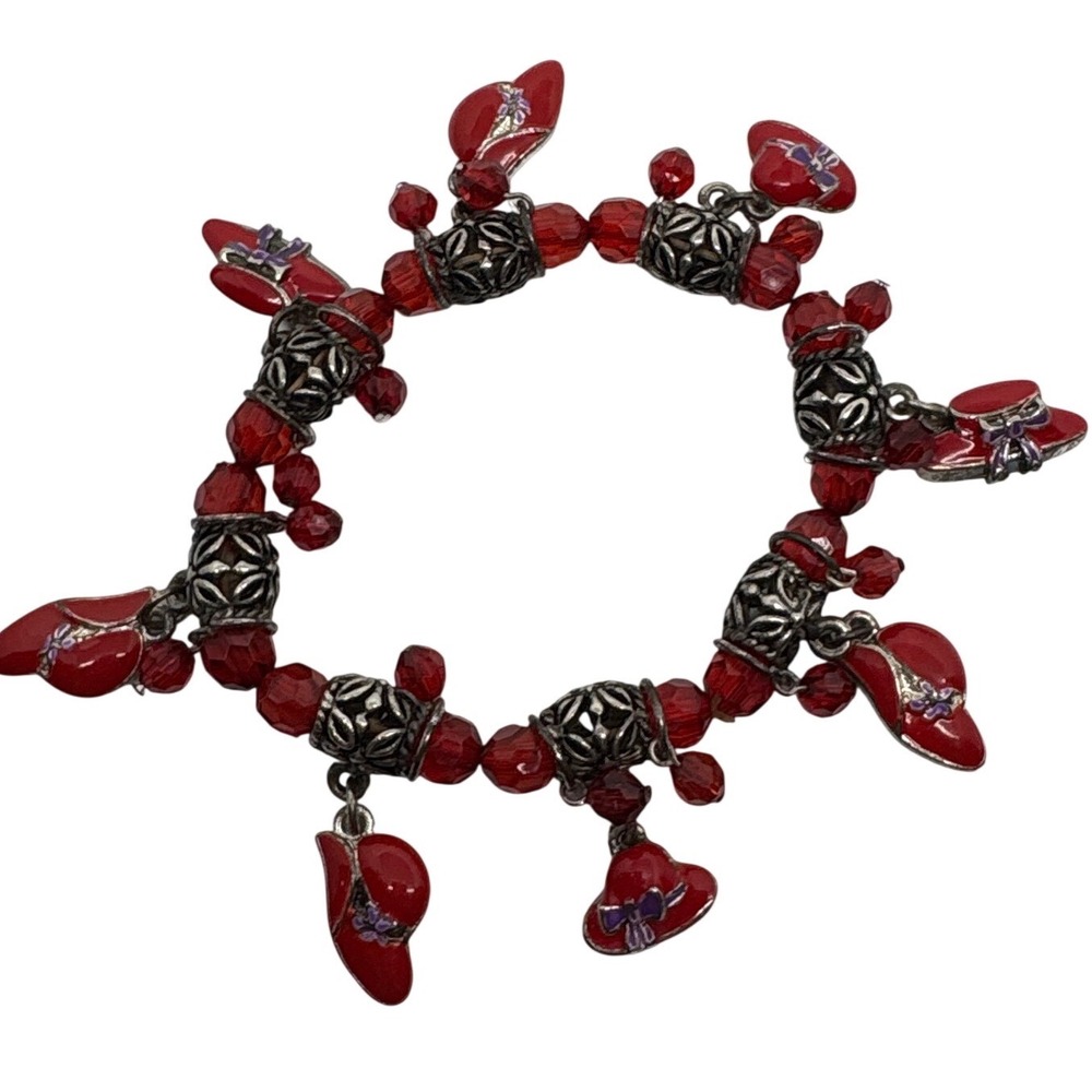 Red Hat Society Charm Bracelet Ruby Red Beads Enamel Hat‎ Charms Stretch Womens